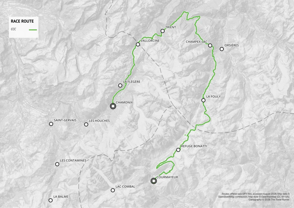 Map of the CCC course among the UTMB races, showing the route from Courmayeur through Italy and Switzerland to Chamonix, France.