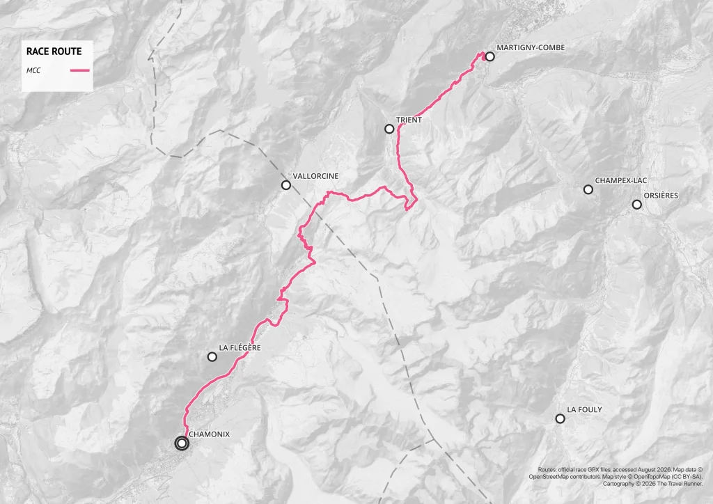 Map of the MCC course among the UTMB races, showing the route from Martigny-Combe, Switzerland, through Trient to Chamonix, France.
