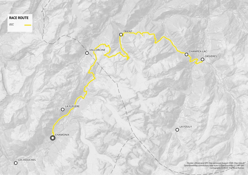 Map of the OCC course among the UTMB races, showing the route from Orsières through Champex-Lac and Trient to Chamonix.