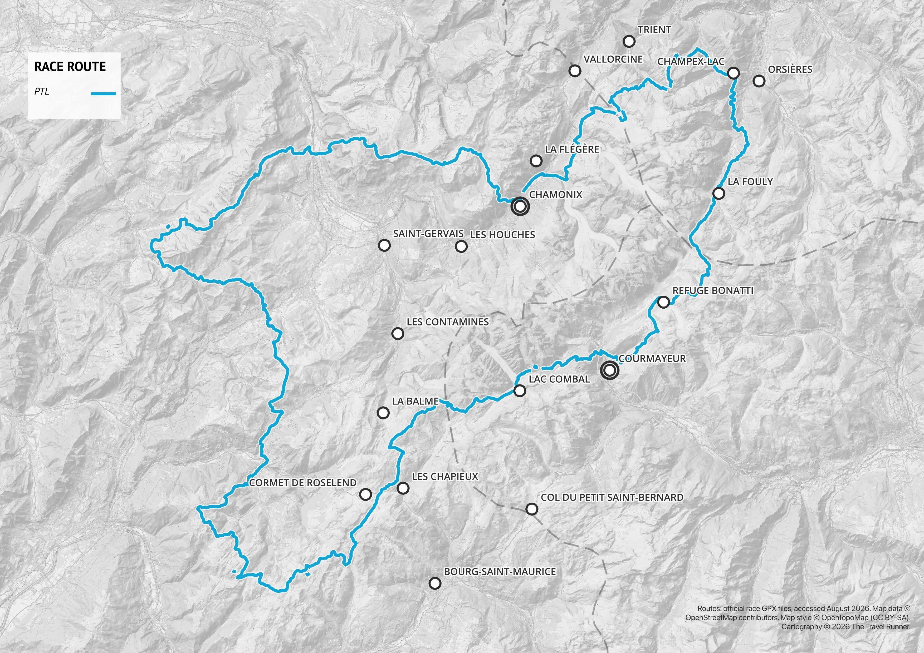 Map of the PTL course among the UTMB races, showing its extensive Alpine route through France, Italy, and Switzerland.