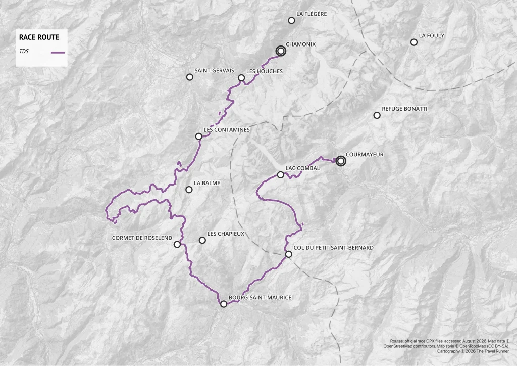 Map of the TDS course among the UTMB races, showing the route from Courmayeur through Bourg-Saint-Maurice and Les Contamines to Chamonix.