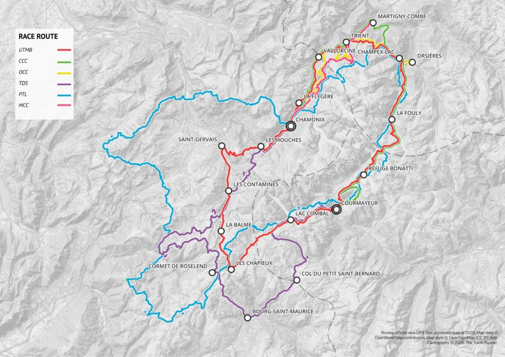 Map of UTMB races around Mont Blanc, showing the color-coded UTMB, CCC, MCC, OCC, TDS, and PTL routes through France, Italy, and Switzerland.