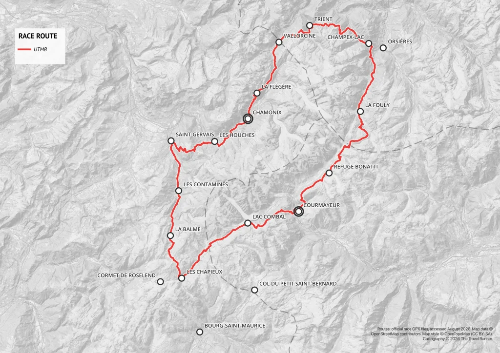 Map of the main UTMB race among the UTMB races, showing its loop from Chamonix around Mont Blanc through France, Italy, and Switzerland.