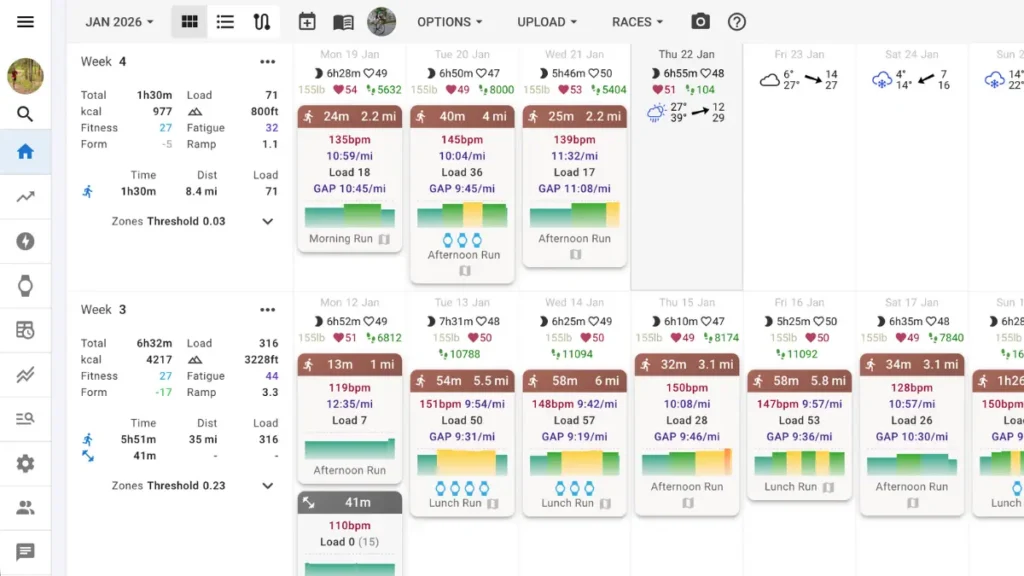 A running workout calendar from January 2026, displaying daily runs with distances, pace, heart rate, and training load, categorized into weeks with total distance and fitness metrics.