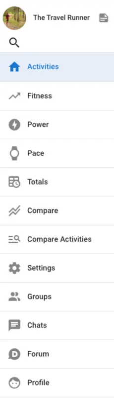 Sidebar menu from Intervals.icu featuring navigation options such as Activities, Fitness, Power, Pace, Totals, Compare, and Profile, with a user profile image at the top.
