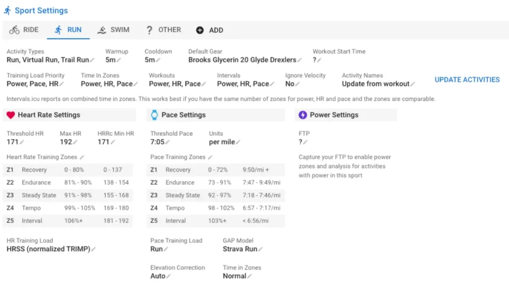 Sport settings page for running showing heart rate and pace zones, threshold settings, and gear preferences, with sections for training load, elevation correction, and data sources.