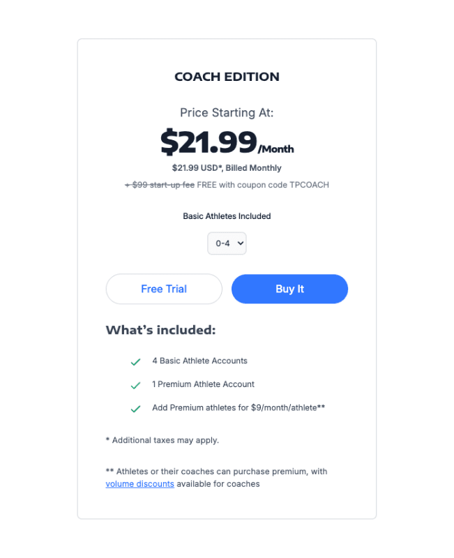 TrainingPeaks Coach Edition pricing structure starting at twenty-one point ninety-nine per month for zero to four basic athletes.