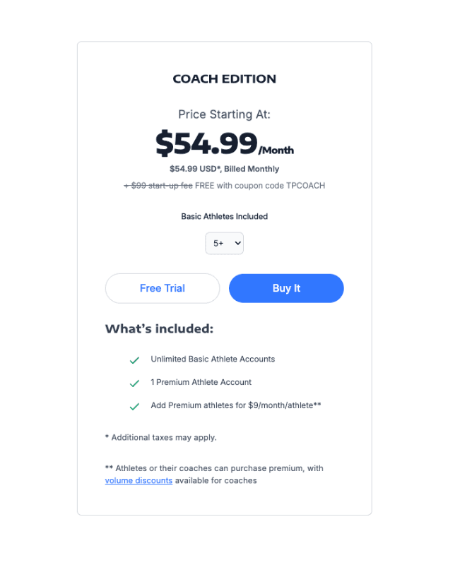 TrainingPeaks Coach Edition pricing details starting at fifty-four point ninety-nine per month for five plus basic athletes.
