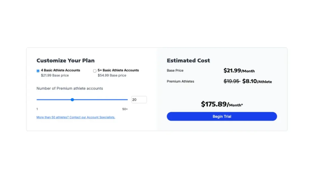TrainingPeaks interactive plan creator showing estimated monthly coaching costs based on athlete account volume.