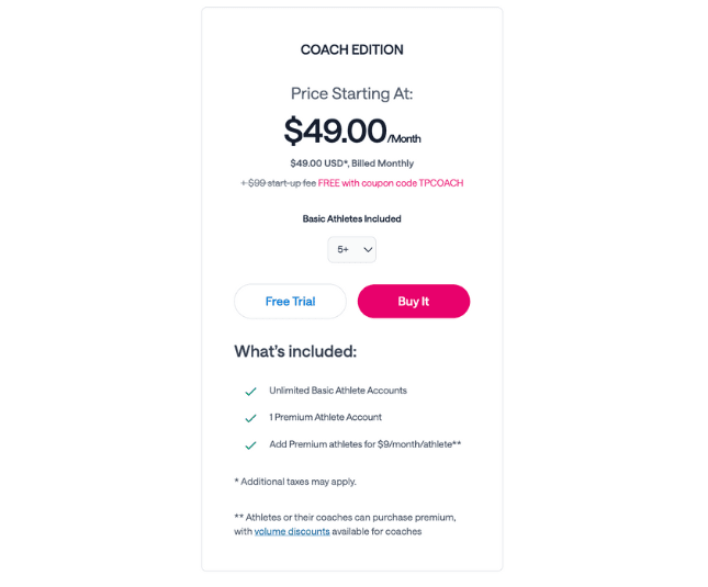 This image outlines the pricing details for the upgraded "Coach Edition" plan, starting at $49.00 per month. The plan includes unlimited basic athlete accounts, 1 premium athlete account, and the option to add more premium athletes for $9 per month per athlete. A coupon code (TPOACH) is mentioned to waive the $99 start-up fee, with additional taxes possibly applying. The plan also emphasizes volume discounts available for coaches.