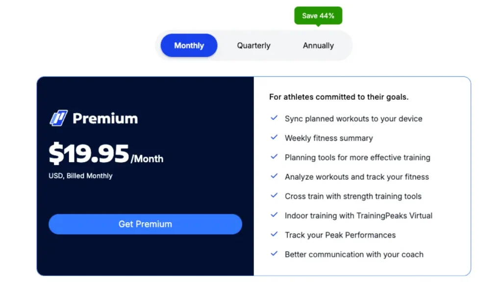 TrainingPeaks Premium monthly subscription interface showing nineteen point ninety-five per month plan features.