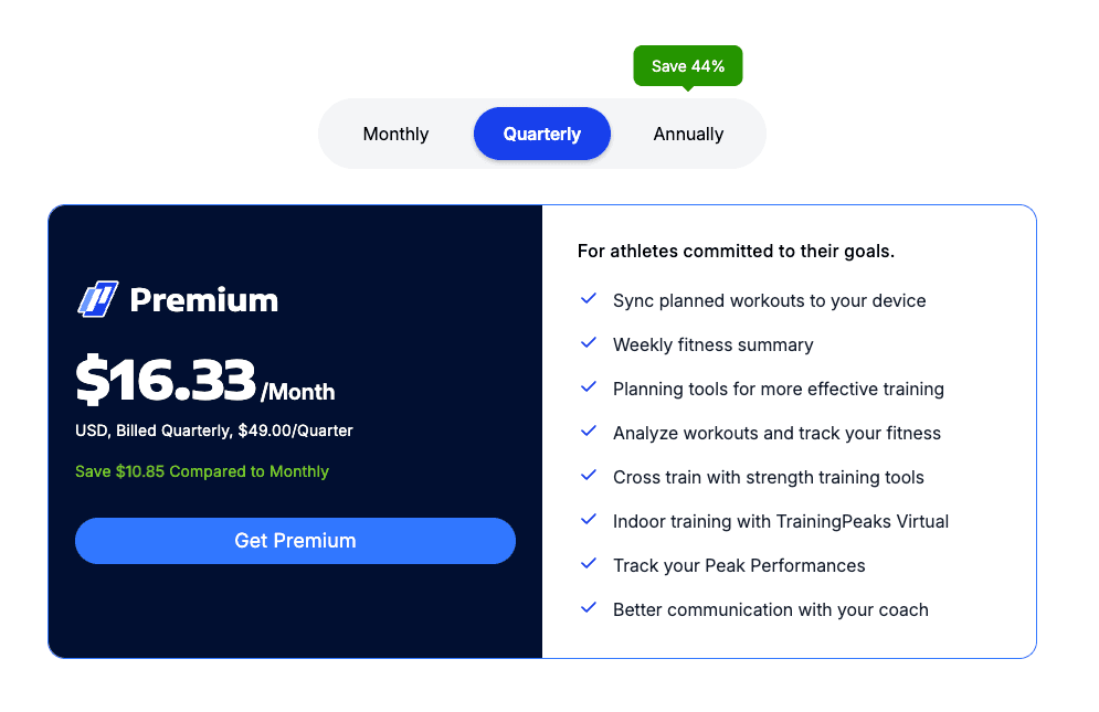 TrainingPeaks Premium quarterly subscription plan details priced at sixteen point thirty-three per month.