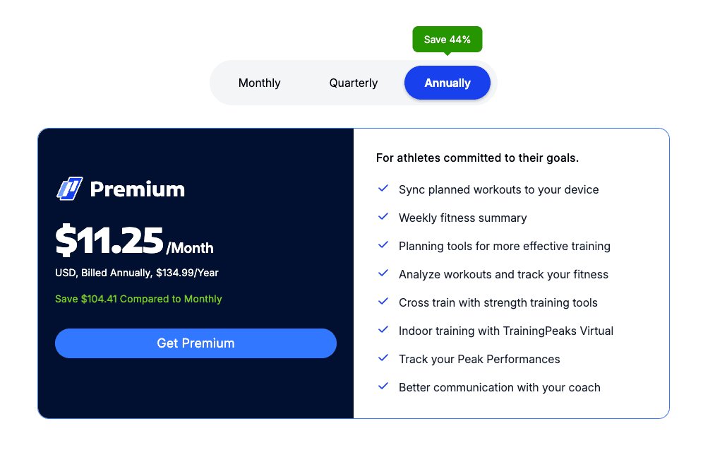 TrainingPeaks Premium annual subscription billing option priced at eleven point twenty-five per month.