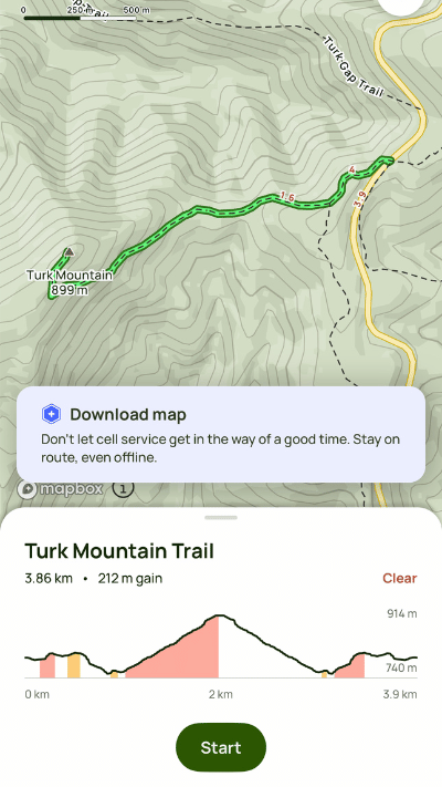 A topographic map of the Turk Mountain Trail on AllTrails app, featuring trail elevation profile, total distance, and a clear condition notice, with an option to download the map for offline use.