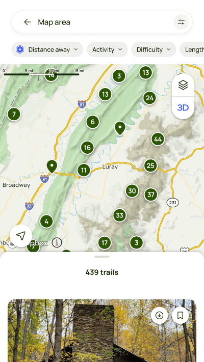 Map view on AllTrails app displaying a selection of trails near Luray with numbered indicators showing concentration of trails and a filter menu for distance, activity, and difficulty.