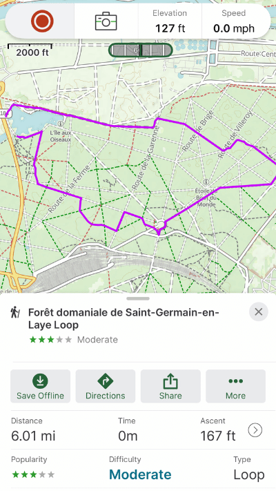 Detailed Gaia GPS app's map showing the purple trail path of the Forêt domaniale de Saint-Germain-en-Laye Loop, rated moderate difficulty, with topographic lines and surrounding roads and landmarks.