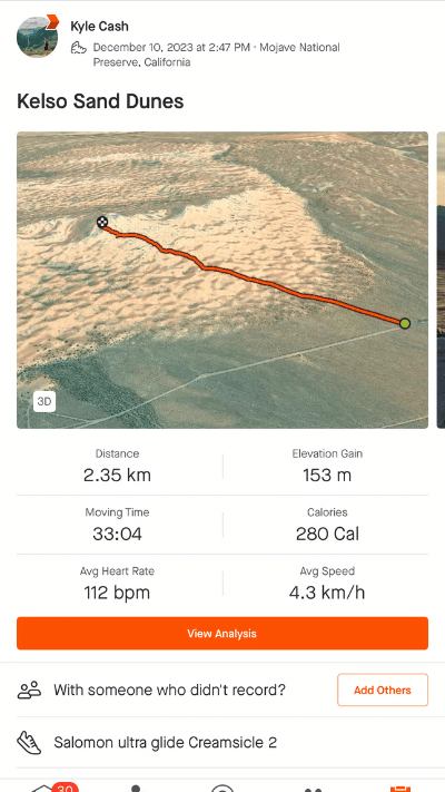 Activity summary in the Strava app showing a 3D map of the Kelso Sand Dunes hike, with statistics like distance, elevation gain, and calories burned, along with options to view analysis or add others to the activity.