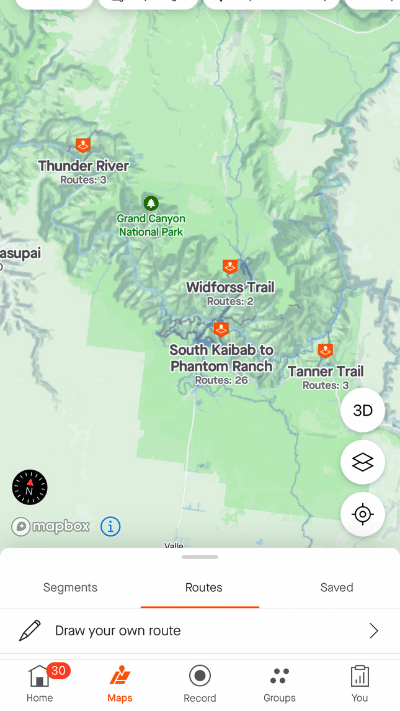 Interactive map on a hiking app showcasing multiple trail options in the Grand Canyon National Park area, with icons indicating the number of routes available for trails like Thunder River and Tanner Trail.