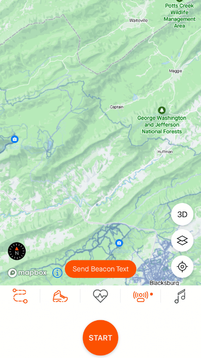 Hiking app map screen displaying the green terrain of George Washington and Jefferson National Forests with a feature to send a beacon text, and a 'START' button for route tracking.