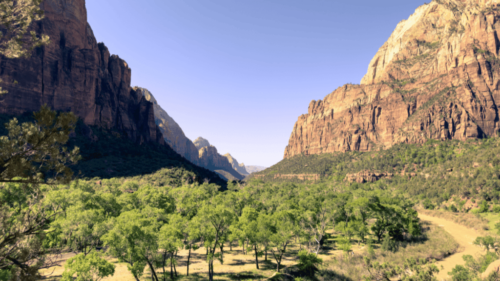 Scenic view of a lush green valley surrounded by towering red rock cliffs under a clear blue sky at Emerald Pools in Zion National Park.
