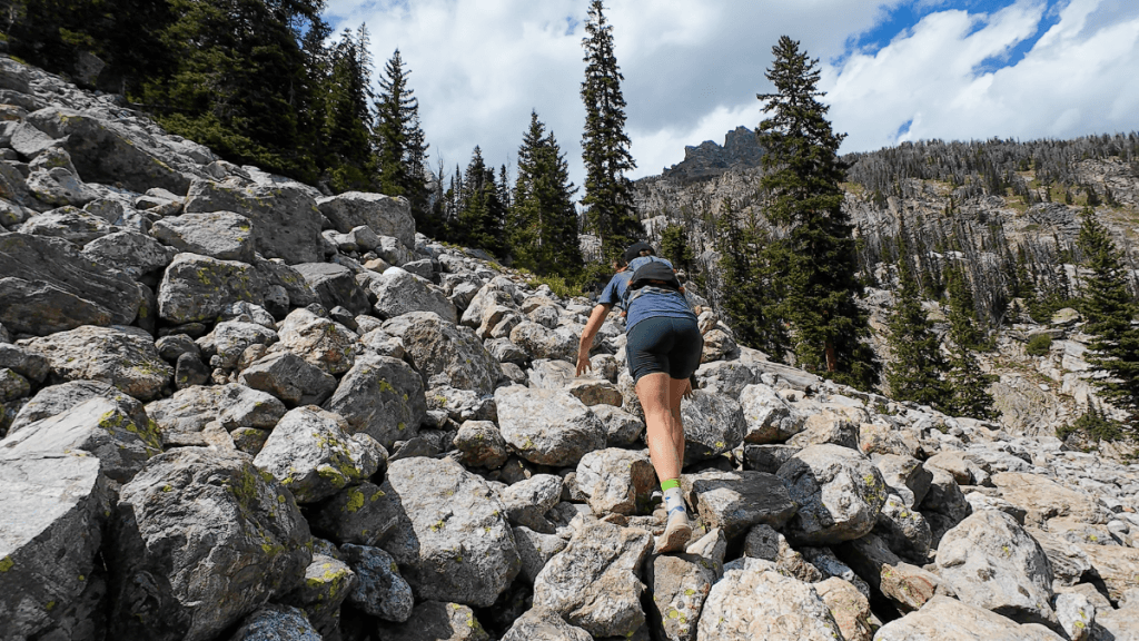 A hiker climbs a rocky trail, navigating large boulders and surrounded by evergreen trees. The steep, rugged terrain leads towards distant mountain peaks, with patches of sky visible above.