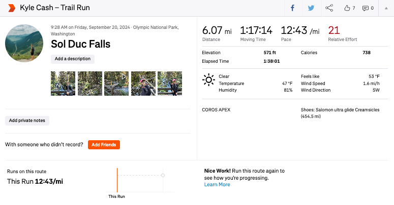 A Strava activity page showing a 6.07-mile trail run on the Sol Duc Falls Trail. The details include a moving time of 1:17:14, a pace of 12:43 per mile, and an elevation gain of 571 feet. Photos of the run and scenic views are displayed below the activity stats.