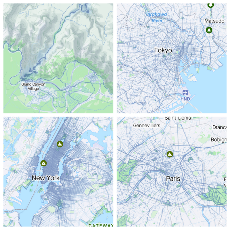 A 2x2 grid of stylized city and region maps showing Grand Canyon Village, Tokyo, New York, and Paris. Each map highlights trails or paths with blue lines, green spaces, and major labels for each city or area.
