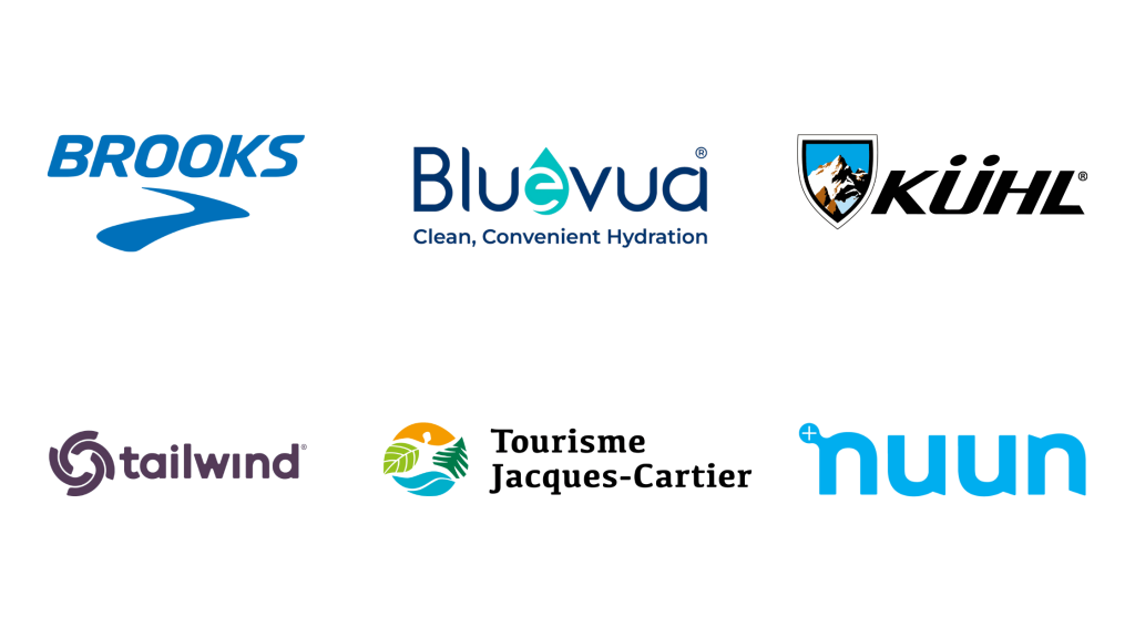 A graphic displaying six brand logos in two rows. Top row: Brooks (blue running logo), Bluevua with a water droplet as the "v" and the tagline “Clean, Convenient Hydration,” and Kühl with a mountain icon in a shield. Bottom row: Tailwind (purple swirl logo), Tourisme Jacques-Cartier with a colorful nature-themed logo, and Nuun in light blue lowercase letters.