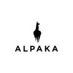 Minimalist black silhouette of an alpaca standing above the bold black text "ALPAKA" on a white background.