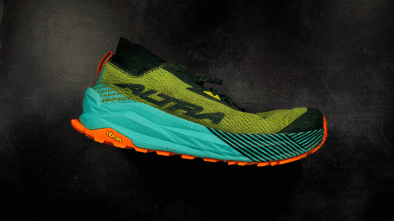 Altra Olympus 275 trail running shoe shown in a side profile against a dark background, featuring a green mesh upper, teal midsole with black diagonal stripes at the forefoot, and a rugged orange Vibram sole. The shoe includes black laces, a red heel tab, and bold "Altra" branding along the side.