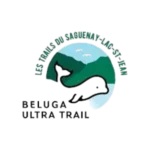 Illustration of a white beluga whale swimming in front of green mountains and a blue sky, with the text "Les Trails du Saguenay–Lac-St-Jean" in a circle and "Beluga Ultra Trail" below.