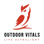 Stylized red owl made of sharp, minimalist shapes perched above the black text "OUTDOOR VITALS" and red slogan "LIVE ULTRALIGHT".