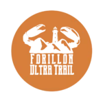 Pixelated version of the Forillon Ultra Trail logo featuring a white silhouette of a lighthouse and mountain range between two crab claws, set inside an orange circle with blocky text reading “Forillon Ultra Trail” below the image.