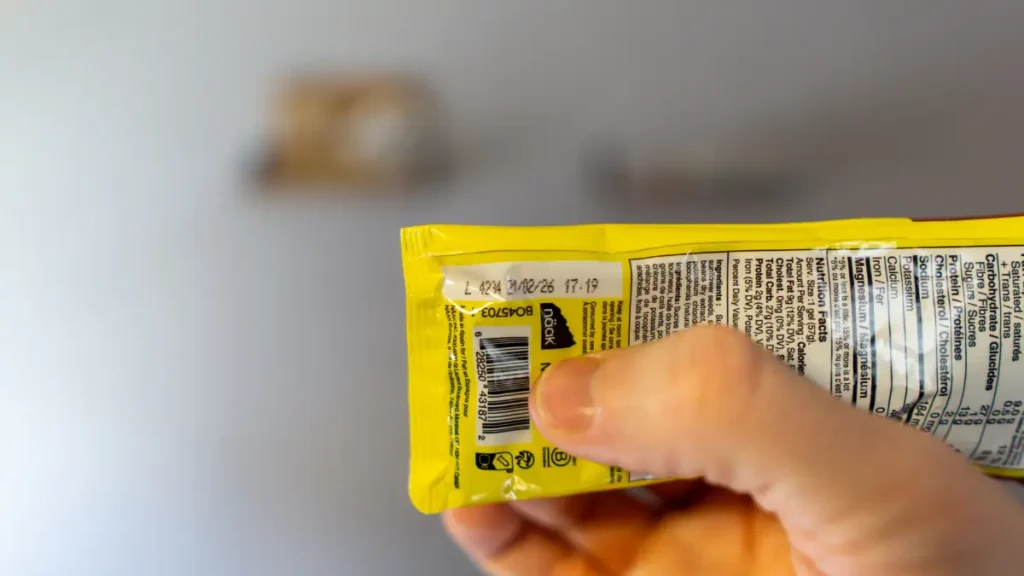 Close-up of a hand holding a yellow energy gel packet, showing the expiration date and nutrition label. Useful when considering what snacks to pack and check before deciding when to start packing for a trip.