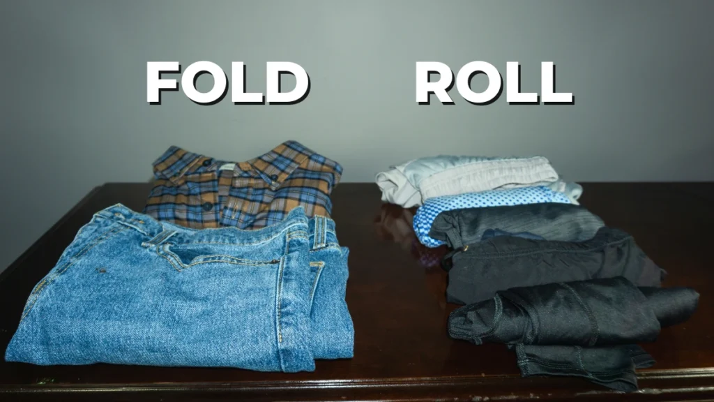 Side-by-side comparison of folded and rolled clothes on a dark wood surface, with jeans and a plaid shirt folded on the left and a stack of tightly rolled shirts and pants on the right, illustrating space-saving options for how to fold clothes for travel.