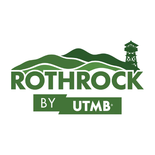 Rothrock by UTMB logo showing rolling green hills and a small tower silhouette above the word Rothrock. The design is minimal and outdoors focused, using solid green tones to emphasize the trail running landscape.