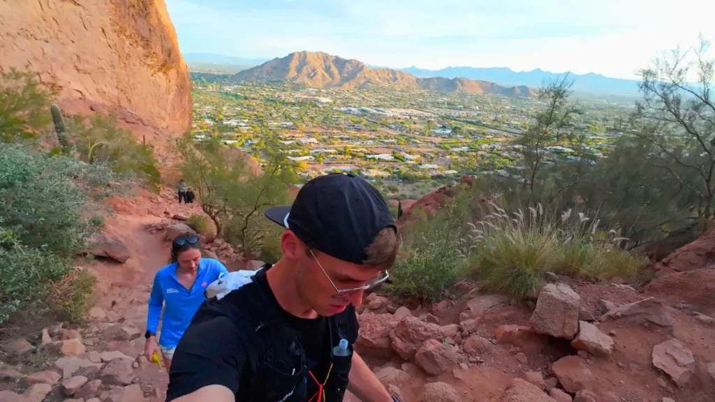 A steep, rocky section of Echo Canyon Trail where the path turns into a vertical scramble for those running Camelback Mountain.