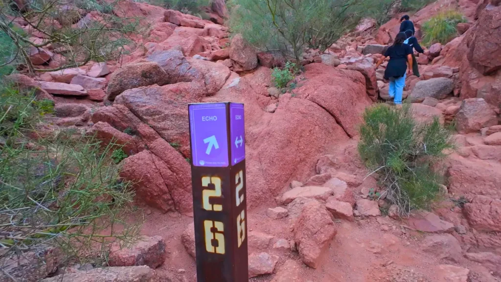 The Echo Canyon Trailhead sign on the mountain, a starting point for athletes running Camelback Mountain.