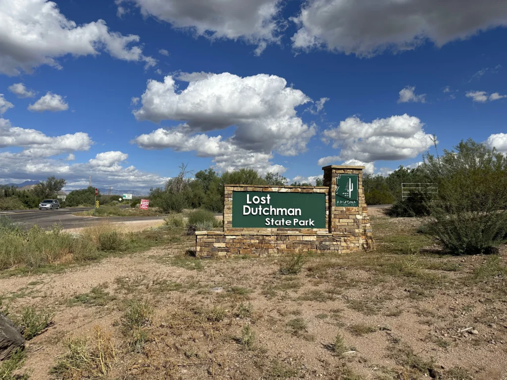 Entrance sign for Lost Dutchman State Park near Apache Junction, Arizona