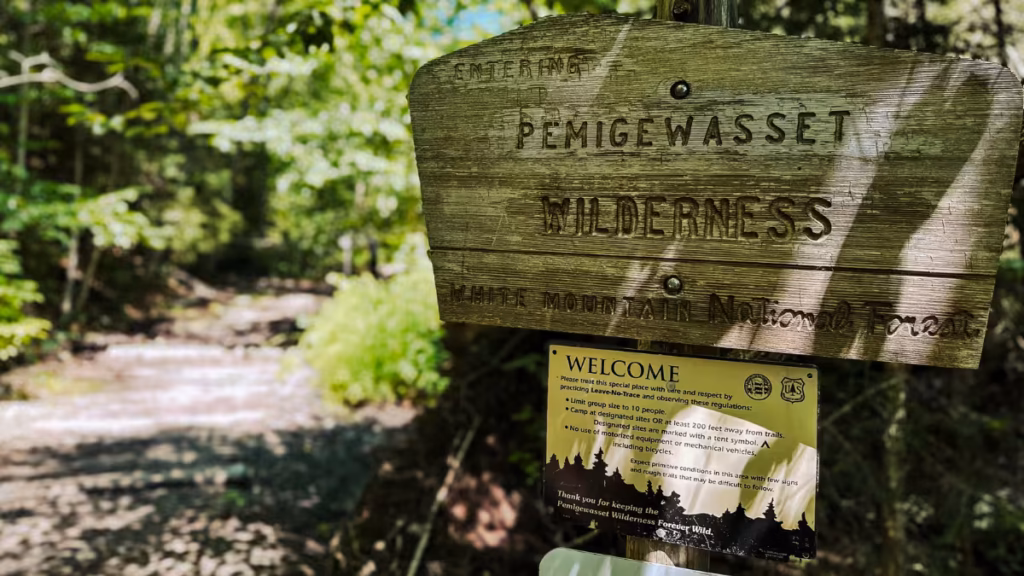 Pemigewasset Wilderness entrance sign in the White Mountain National Forest